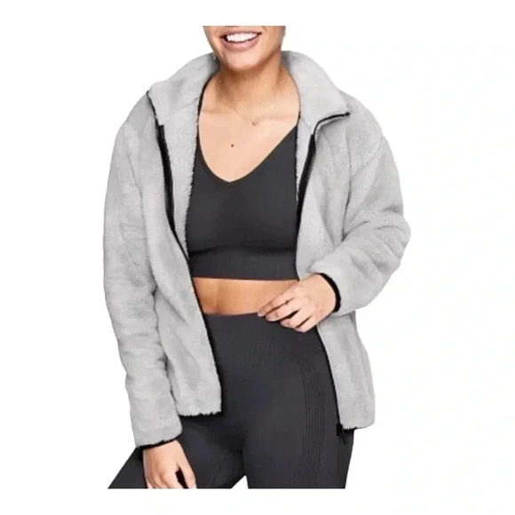 1614. PINK BY VICTORIA’S SECRET SHERPA FULL ZIP JACKET SIZE XSMALL GRAY IN COLOR - Picture 2 of 11